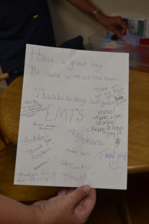 One of the notes that is shared by CRMR employee Shikara Robbins and Coshocton County Emergency Medical Services crews in the new EMS room at the hospital. 