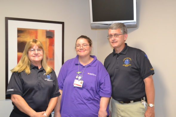 Donna Carpenter, EMS, Shikara Robbins, CRMR employee and Todd Shroyer, Director of the EMS, stand in the fully stocked EMS room at the Coshocton Regional Medical Center. 