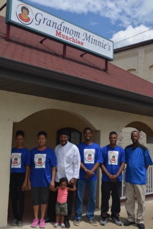 George Jones, with the help of family, is opening Grandma Minnie’s Munchies on Thursday, July 28 at 1146 Walnut St. Pictured from left are Anna Jones, Martha Young, George Jones with Minnie Young, Isaiah Jones, Joshua Jones and Tim Jones.  Josie Sellers | Beacon