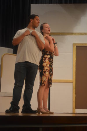 Jadyn Cline and Morgan Lawrence practice a scene from “Anything Goes.” The River View High School Music Department will present the play at 7:30 p.m. Friday, April 28 and Saturday, April 29 in the school’s auditorium. Josie Sellers | Beacon