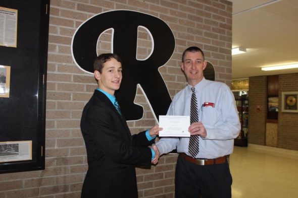 River View High School senior Will Fornara, left, is a National Merit Scholarship winner. He is pictured here with Chuck Rinkes, who is the principal at RVHS. Contributed | Beacon