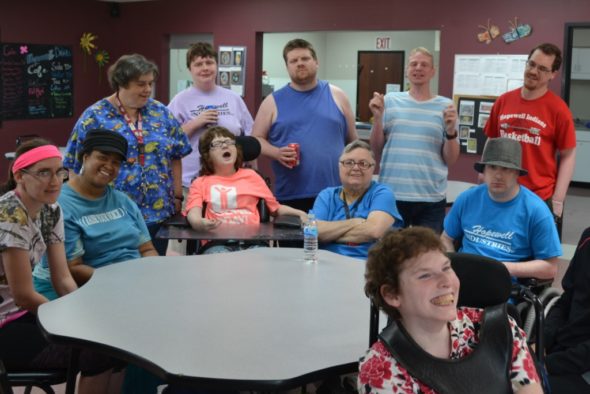 Hopewell Industries artists who will have their projects displayed at the West Lafayette Branch Library through the month of July are left to right - sitting: Dorothy, Rita, Judy, Sharon, Doug, Samantha; standing - Beth, Casey, Rob, Michael, and Kyle. Jen Jones | Beacon