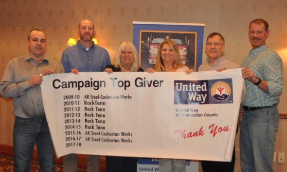 AK Steel received the top giver award during United Way of Coshocton County’s annual breakfast meeting on Feb. 16 at Coshocton Village Inn & Suites. Pictured from left are Dick Bechtol, Troy Balo, Sue Tubbs, Debbie Pennybaker, Tim Rohr and Kurt Knicely. Mark Fortune | Beacon